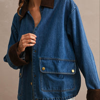 Oversized Denim Jacket with Contrast Corduroy Collar & Cuffs