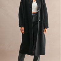 Black Stand Collar Belted Long Coat β Relaxed Fit Women's Coat