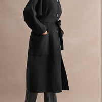 Black Stand Collar Belted Long Coat β Relaxed Fit Women's Coat