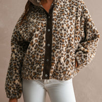 Leopard sherpa snap-front jacket, relaxed front view