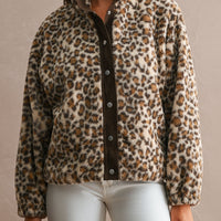 Leopard sherpa funnel collar jacket, straight front view