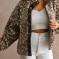 Leopard sherpa snap jacket, walking front view