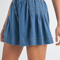 Side Pleated Flare Denim Shorts