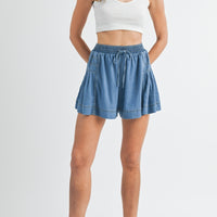 Side Pleated Flare Denim Shorts