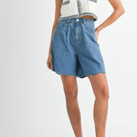 Scallop Hem Denim Bermuda Shorts