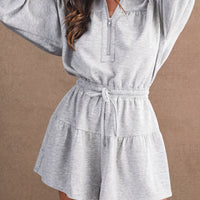 Women's heather gray half-zip hooded romper with drawstring waist