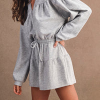 Heather Gray Half-Zip Hooded Romper with Drawstring Waist