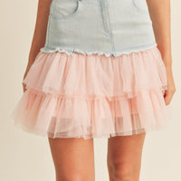 Denim Mini Skirt with Tulle