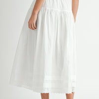 White Tiered Midi Skirt with Elastic Waist & Lace Hem