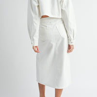 White Denim Crop Jacket and Slit Skirt Set