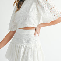 Eyelet Lace Puff Sleeve Crop Top & Skirt Set