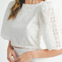 Eyelet Lace Puff Sleeve Crop Top & Skirt Set