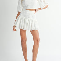 Eyelet Lace Puff Sleeve Crop Top & Skirt Set