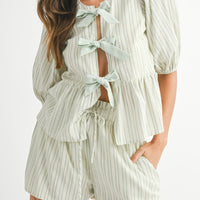 Bow Tie Front Puff Sleeve Peplum Top & Shorts Set