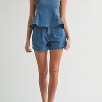 Denim Strapless Peplum Top & Shorts Set