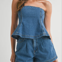 Denim Strapless Peplum Top & Shorts Set