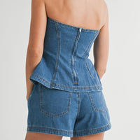 Denim Strapless Peplum Top & Shorts Set