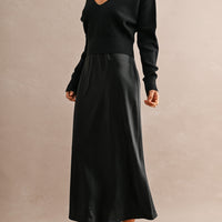 Satin Maxi Dress & Tie-Back V-Neck Sweater Set