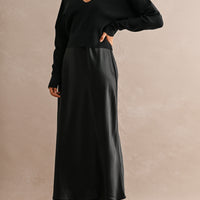 Satin Maxi Dress & Tie-Back V-Neck Sweater Set