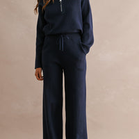 Half Zip Knit Sweater & Wide Leg Pants Two Piece Set