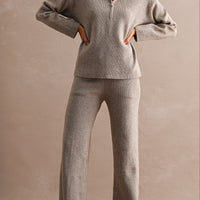 Half Zip Knit Sweater & Wide Leg Pants Two Piece Set