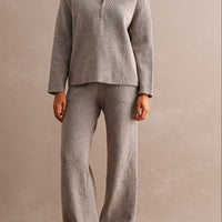 Half Zip Knit Sweater & Wide Leg Pants Two Piece Set