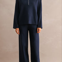Half Zip Knit Sweater & Wide Leg Pants Two Piece Set