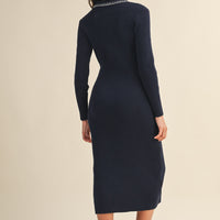 Ribbed Knit Midi Dress with Contrast Stitch Collar