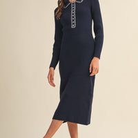 Ribbed Knit Midi Dress with Contrast Stitch Collar