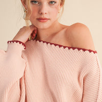 Scallop Trim Off Shoulder Knit Sweater