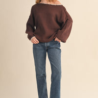 Scallop Trim Off Shoulder Knit Sweater