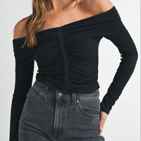 Ruched Ribbed Jersey Off Shoulder Top