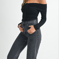 Ruched Ribbed Jersey Off Shoulder Top