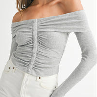 Ruched Ribbed Jersey Off Shoulder Top