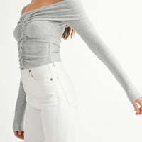 Ruched Ribbed Jersey Off Shoulder Top