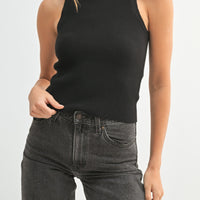 Ribbed Knit High Neck Sleeveless Top