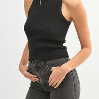 Ribbed Knit High Neck Sleeveless Top