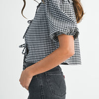 Gingham Puff Sleeve Tie-Front Cropped Blouse