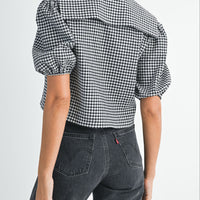 Gingham Puff Sleeve Tie-Front Cropped Blouse