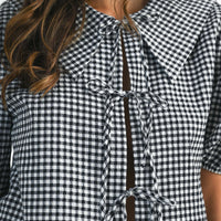 Gingham Puff Sleeve Tie-Front Cropped Blouse
