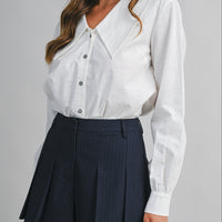 Linen Blend Collar Button Down Long Sleeve Blouse