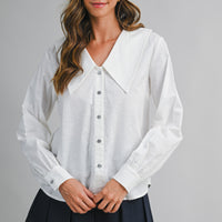 Linen Blend Collar Button Down Long Sleeve Blouse