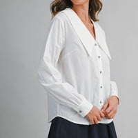 Linen Blend Collar Button Down Long Sleeve Blouse