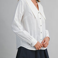 Linen Blend Collar Button Down Long Sleeve Blouse
