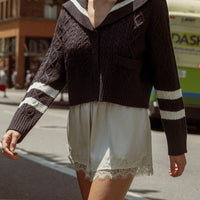 Sailor Collar Cable Knit Cropped Cardigan