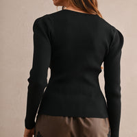 Puff Shoulder Ribbed Knit Button Front Cardigan Top