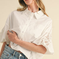 Eyelet Puff Sleeve Button Down Shirt