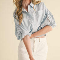 Eyelet Puff Sleeve Button Down Shirt
