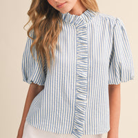 Striped Ruffle Front Puff Sleeve Top
