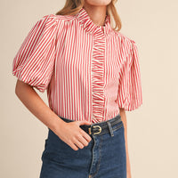 Striped Ruffle Front Puff Sleeve Top